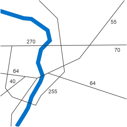 Map showing a blue highlighted river route with various intersecting numbered roads.